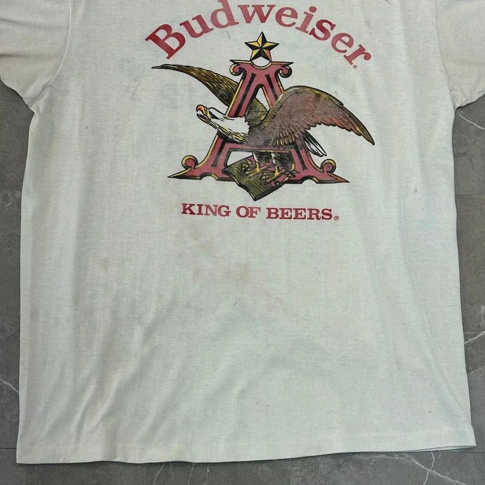 80s Vintage Budweiser Graphic Ringer Tee Mens XL Distressed King Of Beer Shirt